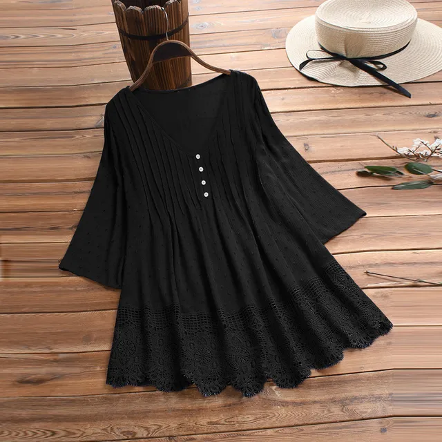 2023 Women Blouse Large Women Vintage Long Sleeve Lace V-Neck Button Top Blouse Office Work Shirts Blusas Para Mujer 3