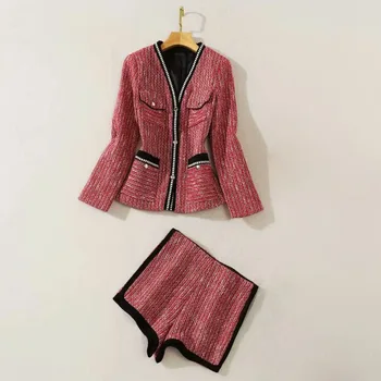 

HIGH QUALITY New 2020 Designer Runway Women's V-Neck Long sleeve Single Breasted Blazer Short pant Plaid Wool suit Set