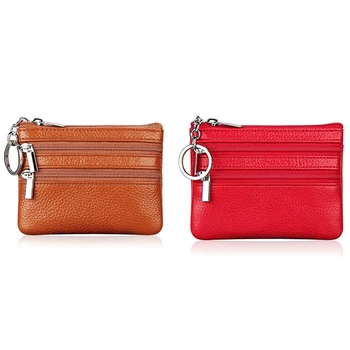 

2x Leather Change Coin Purse with 4 Pockets and Keychain for Women Brown & Red