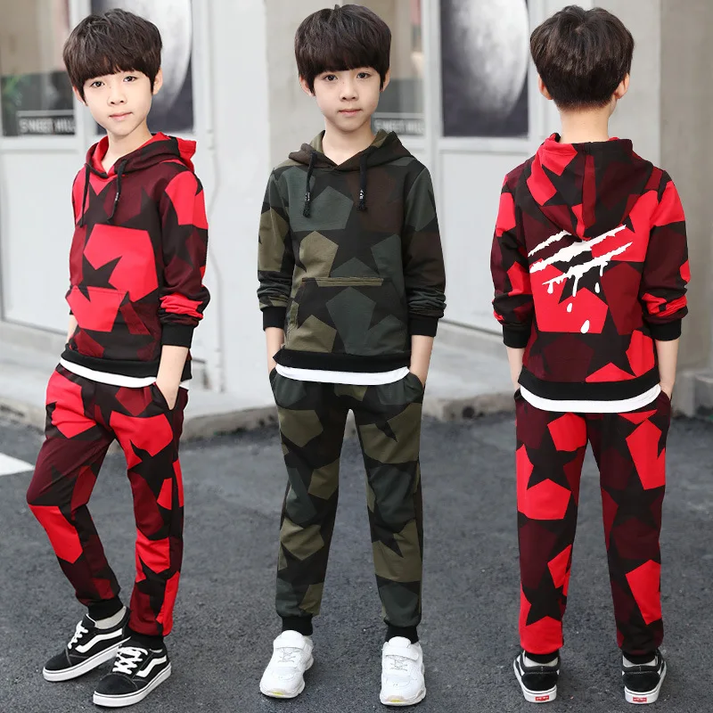 

2018 Casual CHILDREN'S Suit BOY'S Autumn Clothing New Style Big Boy Five-pointed Star Camouflage Hooded Two-Piece Set Childrensw