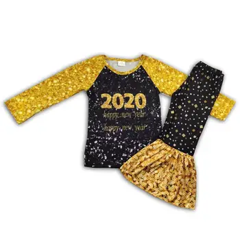 

the latest design 2020 Happy new years top quality cute pattern top and pant baby girl ruffle outfits
