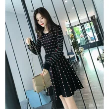 Осень и зима стиль корейский стиль свободный крой стройнящее элегантное модное платье с длинным рукавом женское платье средней длины Decorativ