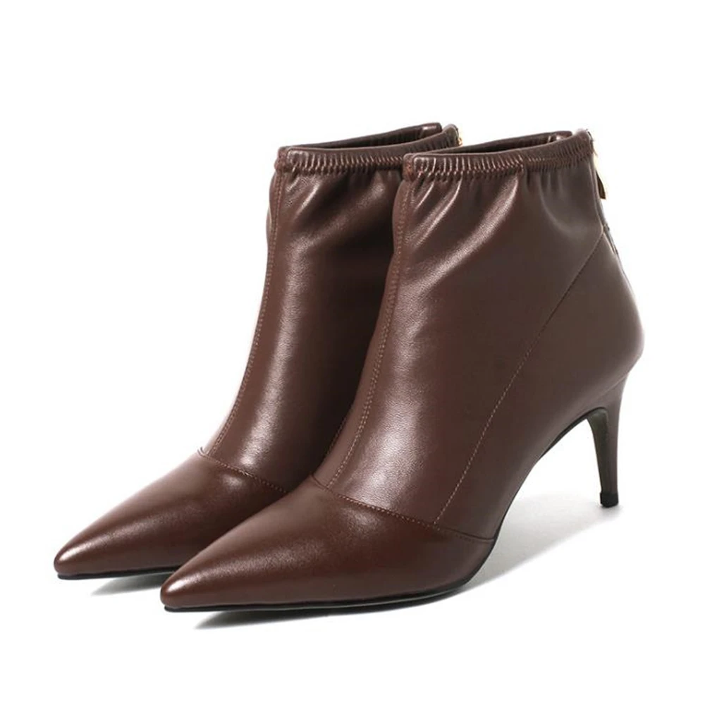 

Europe America autumn and winter new style pointed heeled legs leather elastic white boots brown high heels zippers boots ladies