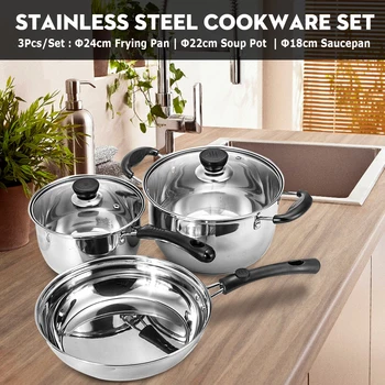 

3PCS/Set Cookware Set Kitchen Stainless Steel Soup Pot & Saucepan Induction Safe Thickened Frying Pan Saucepan With Glass Lid