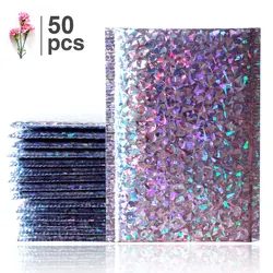 Emballage Laser argenté 50 pièces/paquet, enveloppe rembourrée en plastique pour envoi de courrier à bulles 
