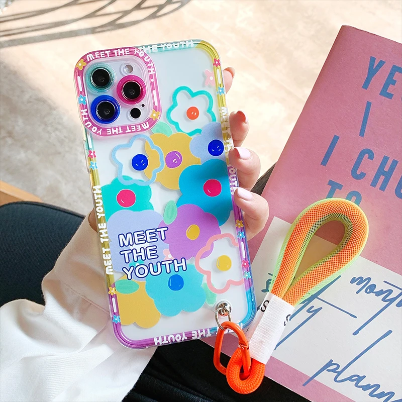 Colorful Flowers Smile Strap Lanyard Phone Case For iPhone 13 Pro Max 12 11 X XS XR 7 8 Plus Cute Fashion Transparent Soft Cover