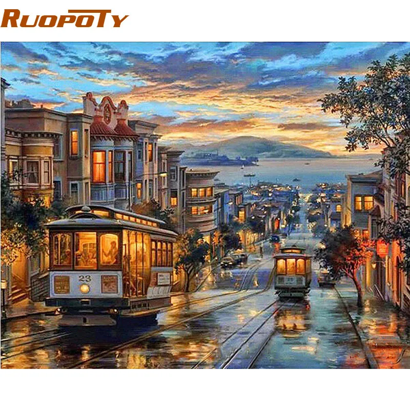 RUOPOTY Frame City Night Bus Diy Oil Painting By Numbers Landscape Modern wall art canvas painting unique gift wall artwork wall art print canvas wall art