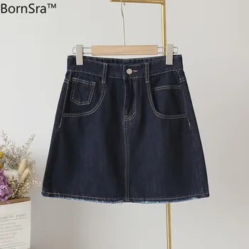 

BornSra Women's High Waist Dark Blue A- Line Skirt Denim Skirt Streetwear Vintage Casual Elegant Skirts