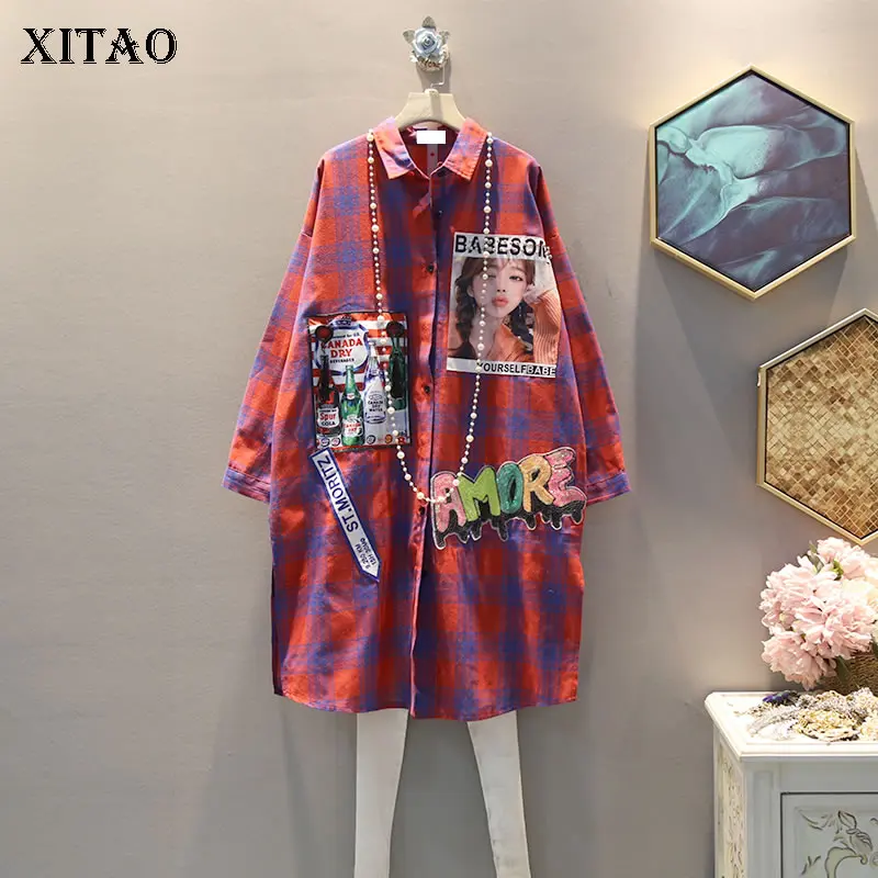 XITAO/клетчатая блузка с блестками и буквенным принтом большие размеры женская