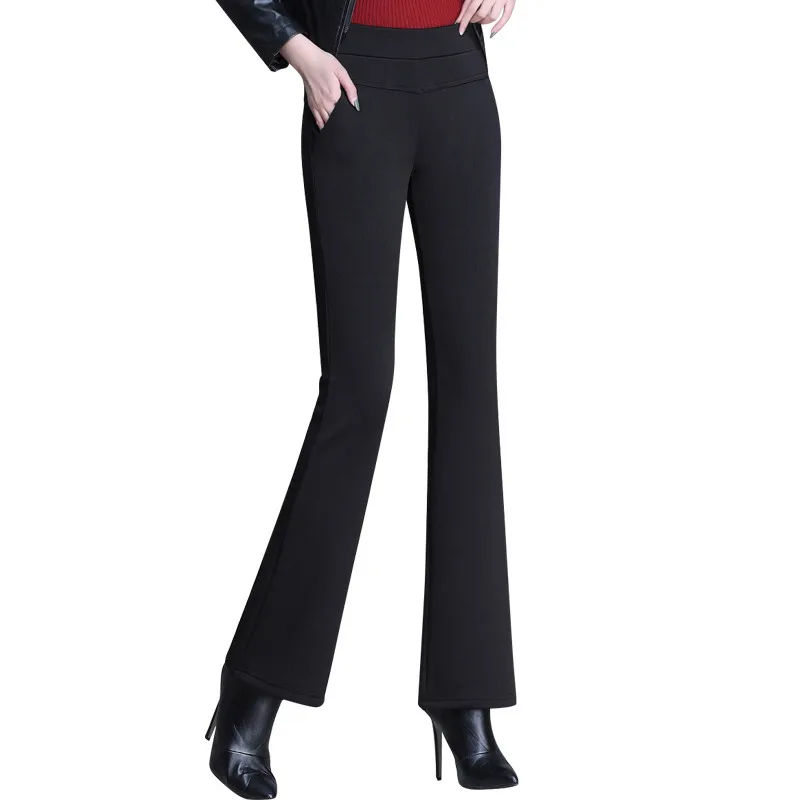 Женские флисовые брюки модные черные плотные теплые леггинсы с высокой талией зимние спортивные расклешенные брюки однотонные уличные брюки P9285