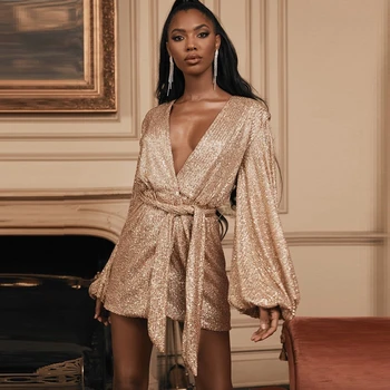 

Newest Women 2019 Gold Sequin Belt V Neck Fashion Christmas Dress Celebrity party Mini Club Vestidos High Quality Wholesale