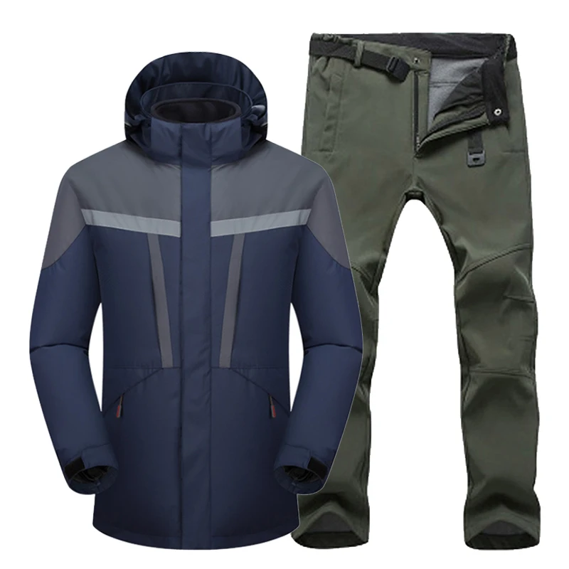 navy army green TRVLWEGO, мужской лыжный костюм для улицы, набор зимних походов, лыж, водонепроницаемая куртка, Флисовая теплая, для рыбалки, треккинга, лыжная куртка+ штаны, разные цвета - Color: navy army green