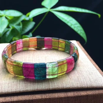 

Natural Colorful Tourmaline Clear Rectangle Beads Bracelet Bangle 12.2/8.3mm Women Men Stretch Crystal Certificate AAAAA