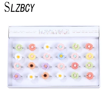 

24pcs/set Cute Small Dasiy Glass Rings Silver Color Alloy Kids Rings Girls Mixed Korean Style Resin Adjustable Ring with Box