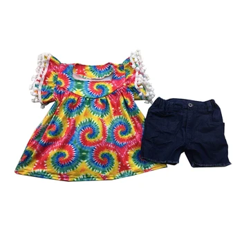 

2020 fashion baby girls tie-dyed fabric short set denim short pants boutique clothing set