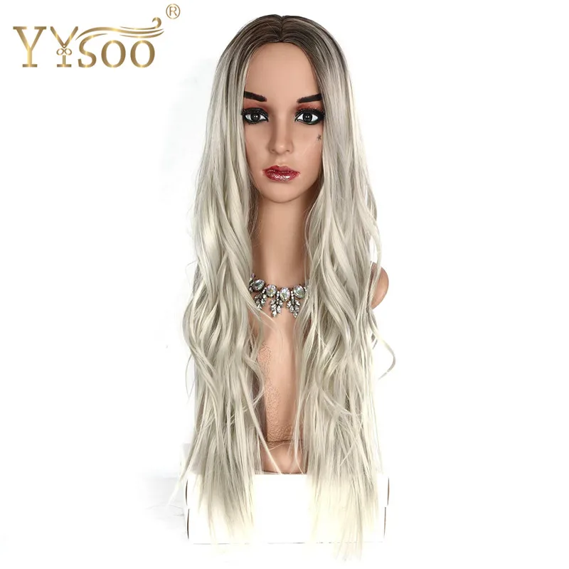 YYsoo модный Glueless длинные волнистые синтетические волосы парик платиновый блонд кудрявый парик с темными корнями Термостойкое волокно для женщин