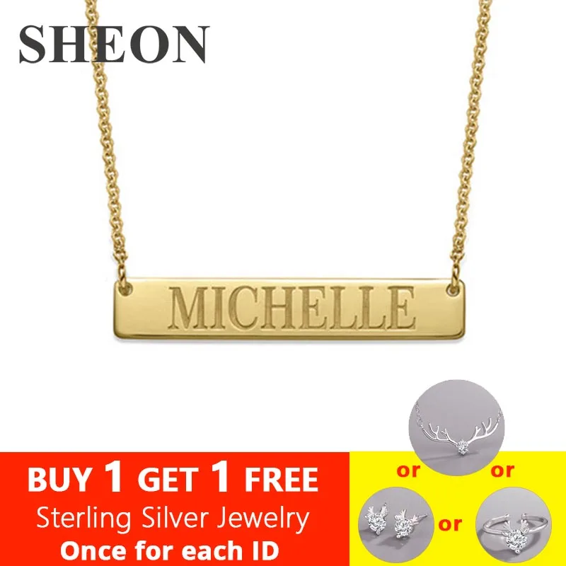 

SHEON Personalized Engraved Name in 925 Silver ID Bar Necklace Custom Made with Any Word Letters nameplate necklace Jewelry