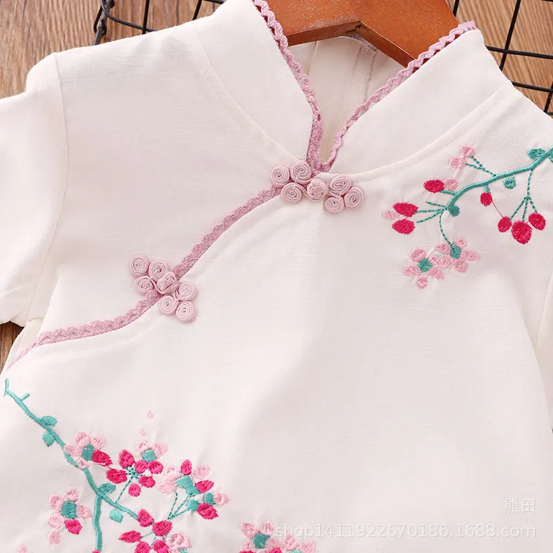 Spring Summer New Style Children Chinese Clothing Cotton Linen Short Sleeve CHILDREN'S Suit Chinese-style Handmade Frog Girls Ch