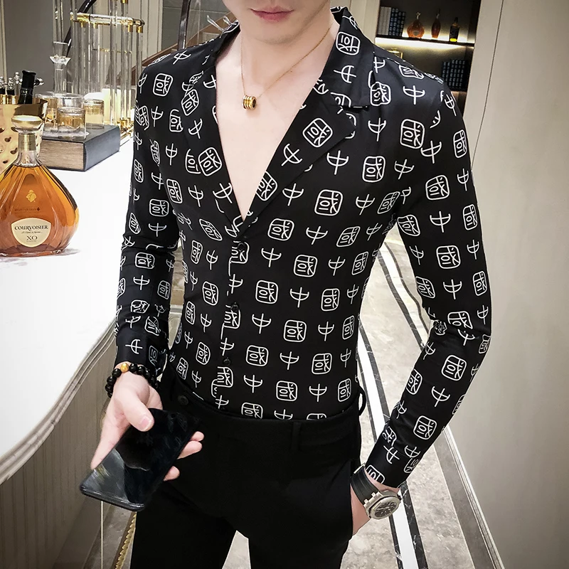 Ropa Hombre, повседневная, весна, мужская рубашка, британский стиль, длинный рукав, v-образный вырез, принт, рубашка, повседневная, приталенная, с цветами, рубашка для мужчин