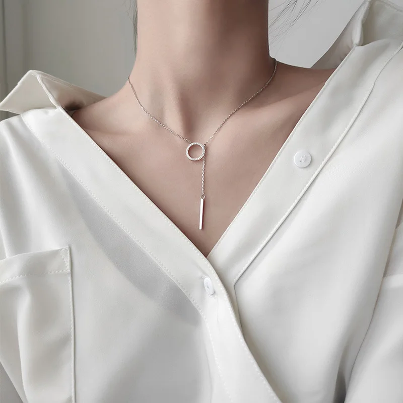 Trendy 925 Sterling Silver Circle AAA Zirconia Long Chain Necklace Shiny Stick Pendants Necklace For Girl Gift Fine Jewelry pendant necklace silver necklace
