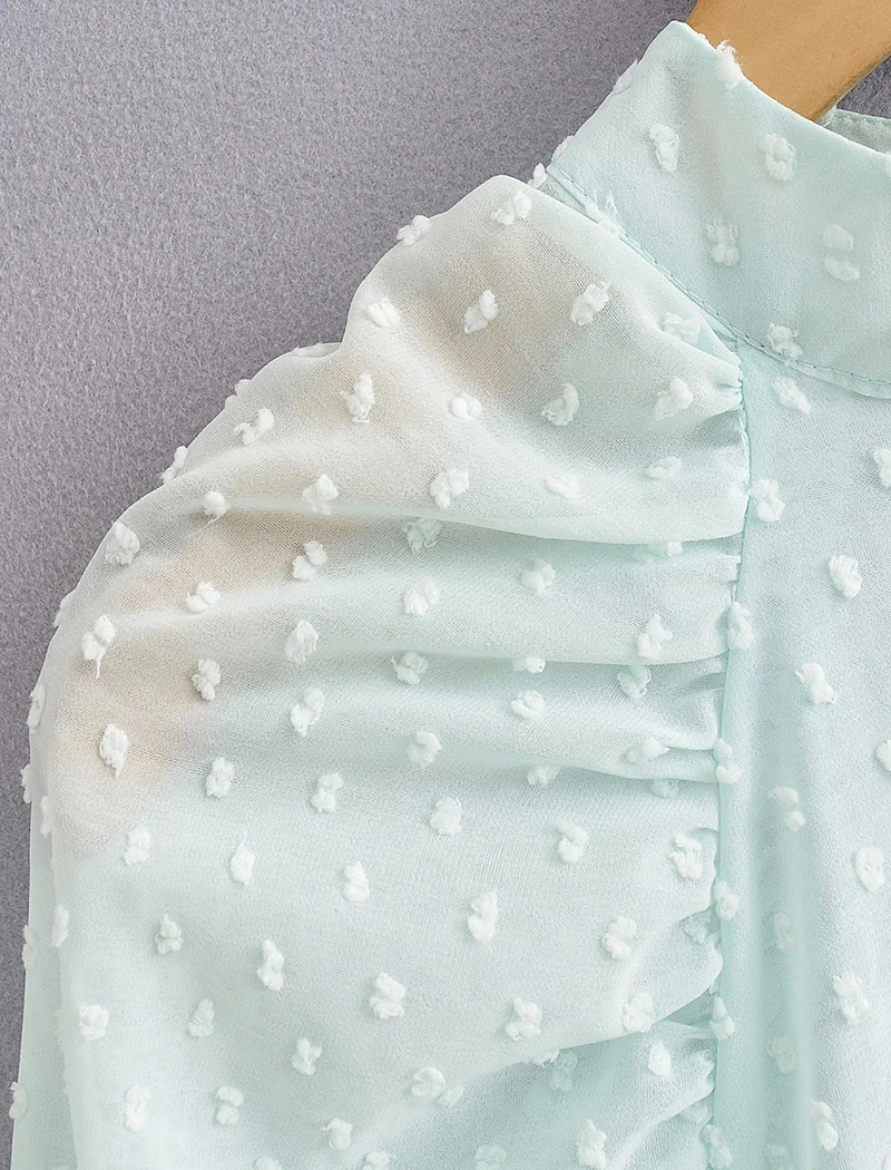 Aachoae Elegant Dots Emebroidery Transparent Blouse Women Puff Long Sleeve Pleated Blouses Ladies Sexy See Through Shirts Tops