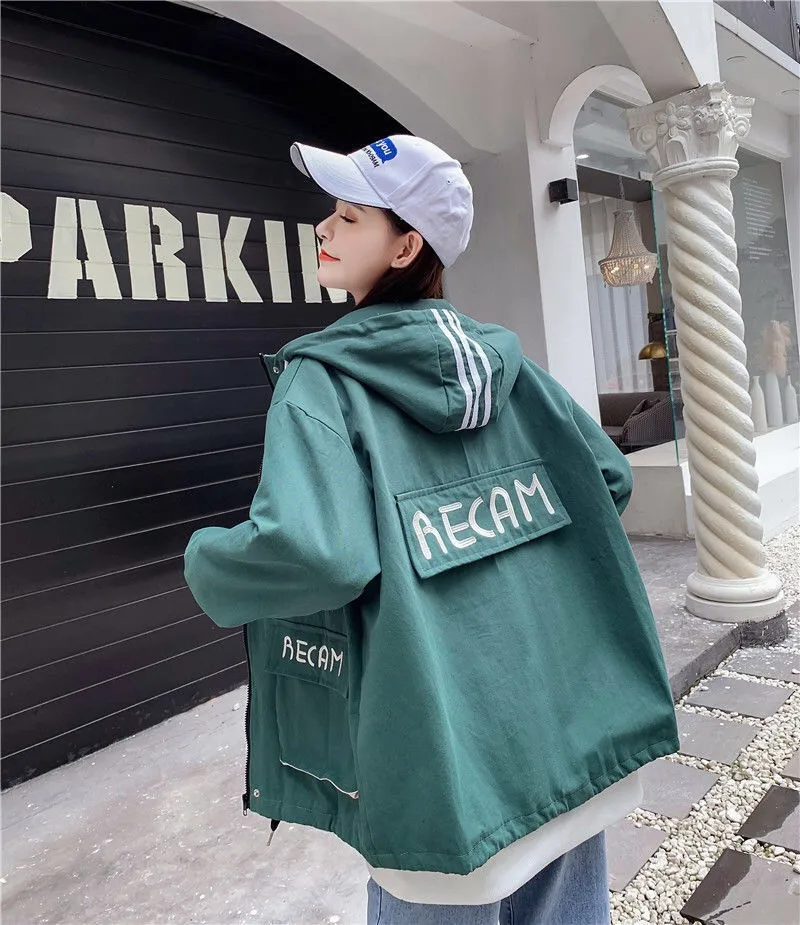 

Plus Size Jackets Coats Cardigan Letter Print Drawstring Loose Fall Winter Jacket Women Hooded Coat Female Casual Outwear
