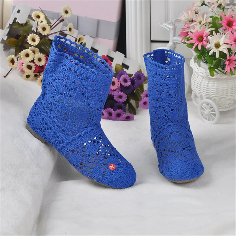 spring and autumn knitted hollow boots flat bottom mesh high / low tube breathable fashion lace boots women's shoes