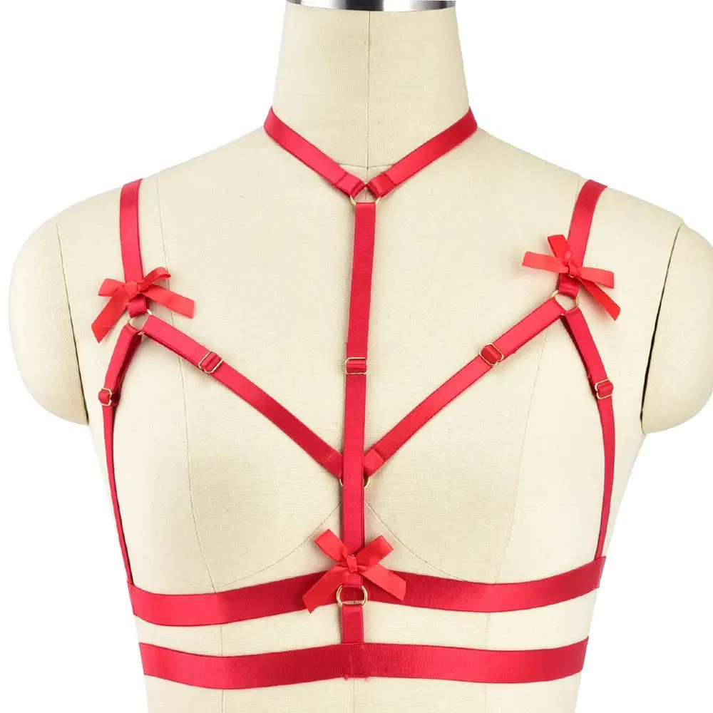 

Body Harness Sexy Red Bow Bondage body Harness bra Elastic Suspender garte belt strappy leg garter Goth underwear Halloween Rave