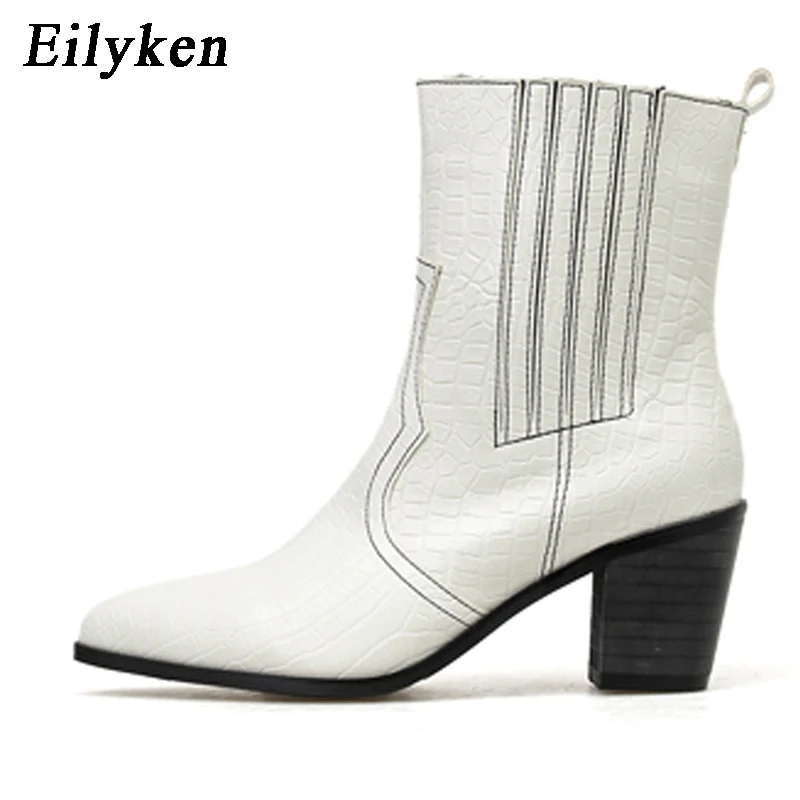 Eilyken/ковбойские ботильоны из искусственной кожи белого цвета; женские ботинки на высоком каблуке со змеиным принтом; ковбойские Женские ботинки в западном стиле; коллекция года