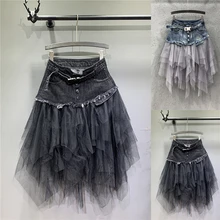 

Summer Irregular Jeans Skirts Womens High Waist Tulle Skirt Long Denim Pleated Midi Skirts Mesh Patchwork Pockets Tassel Belt