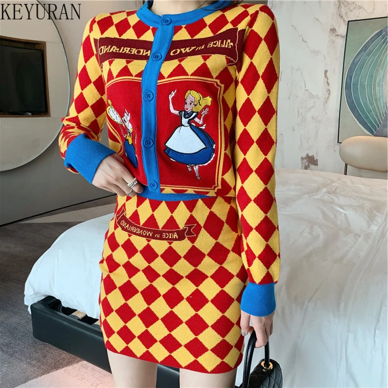 Осенний вязаный комплект из 2 предметов с рисунком ромбиками Женский клетчатый