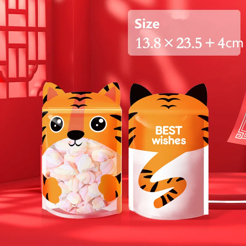 

50Pcs Cartoon Tiger Pattern New Year Stand-up Cookies Snowflake Pastry Toffee Candy Nougat Packaging Zipper Ziplock Bags