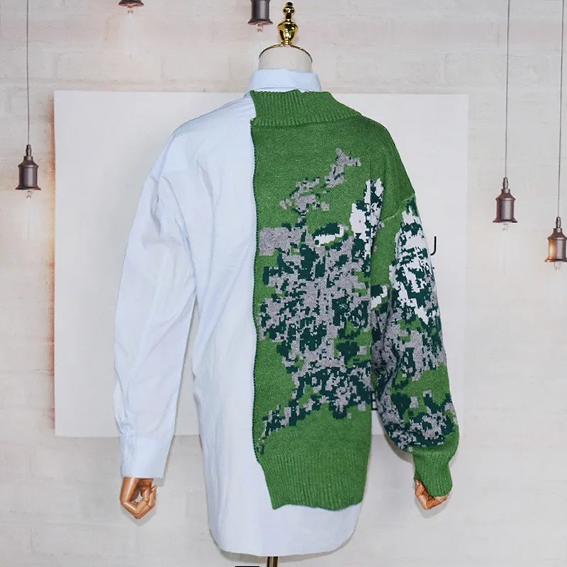 VGH Printed Hit Color Shirt For Women Lapel Long