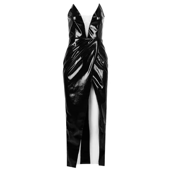 

stylish solid black strapless split ankle-length woman dress 2020 sexy sleeveless PU deep v-neck nightclub runway empire dress