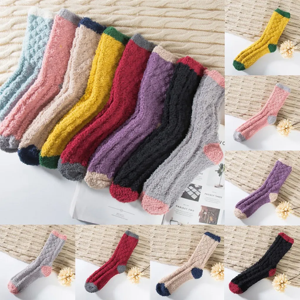 Носки ярких цветов, женские хлопковые носки, коралловые бархатные носки для сна, осень и зима, новые утолщенные домашние махровые носки