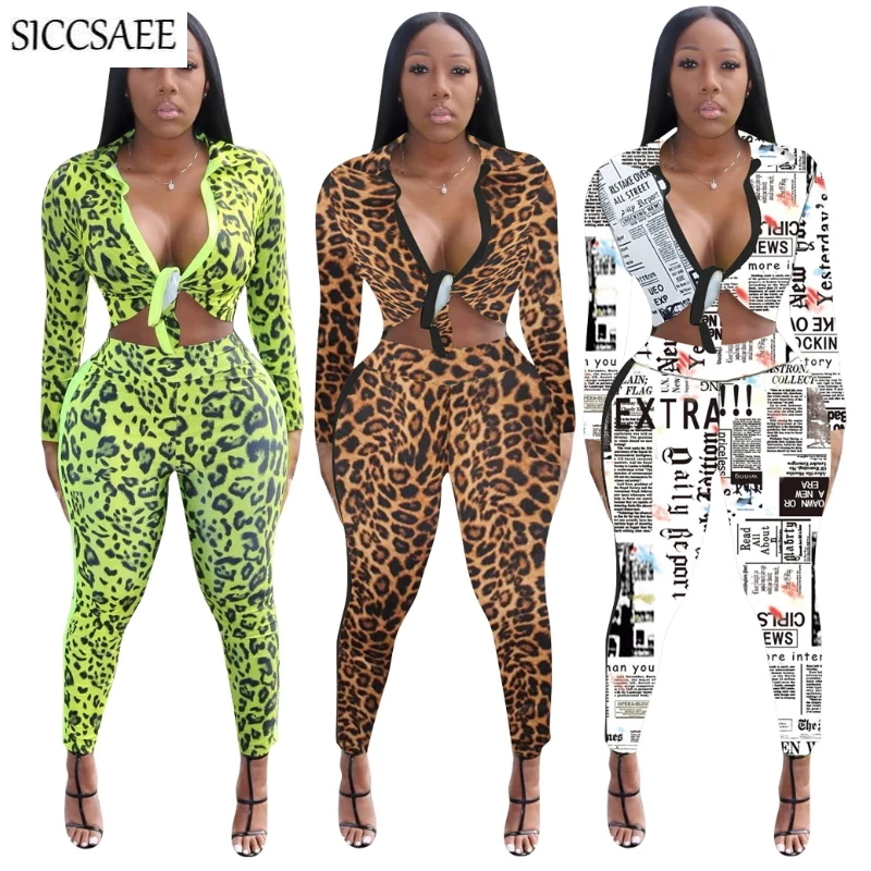 

Leopard Old Newspapers Printed Two Piece Set Bow Cropped Crop Top And Pants Suits Bodycon Bodysuit Sexy Casual Bandage Outfits