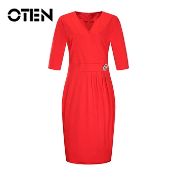 

OTEN V-Neck Office Work Wear Solid Color Pleat Midi Dresses Women Pencil Autumn Half Sleeves Casual Split Plus Size Business Red