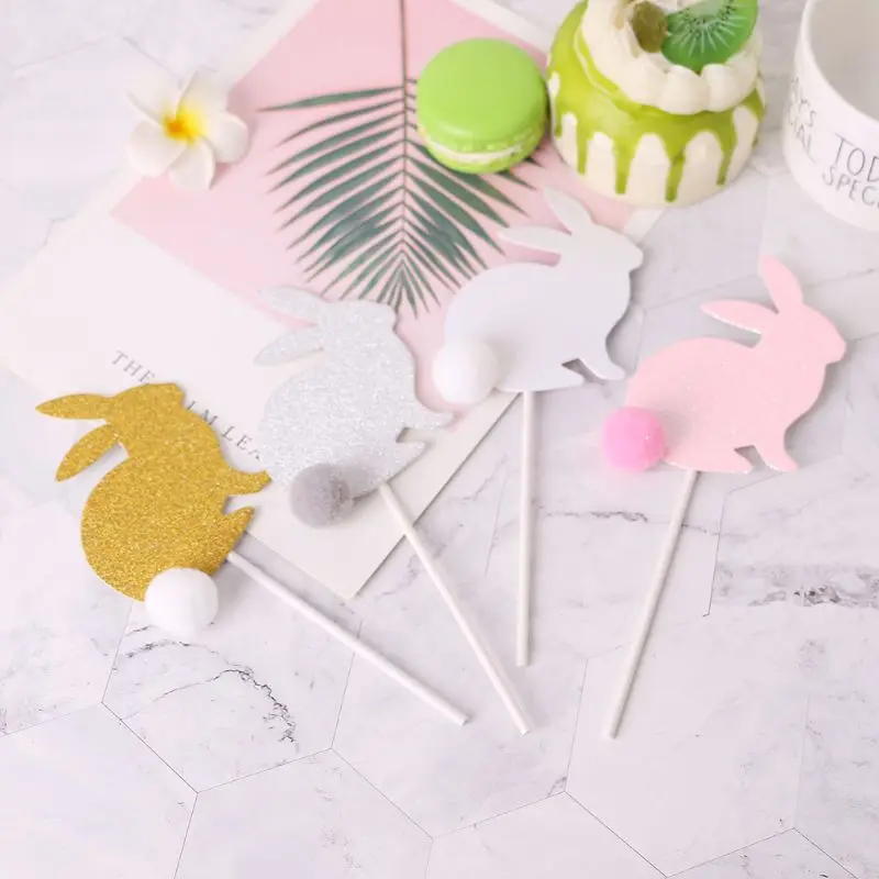 4Pcs Lovely Rabbit Bunny Ball Cupcake Cake Toppers Picks For Birthday Shower Easter Party Decor D08D