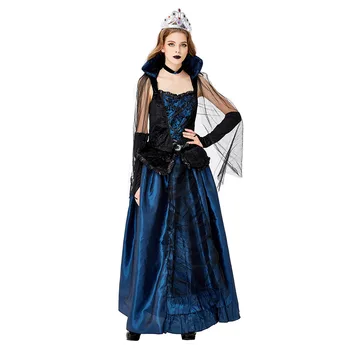 

New Arrive Blue Medieval court Queen Costume women Halloween Vampire Queen Cosplay Costume for women sexy Performance Uniform