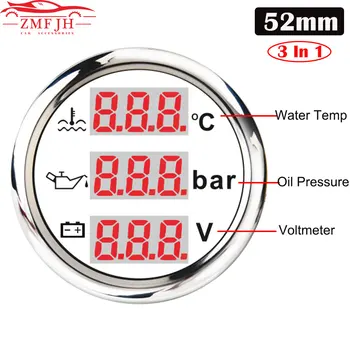 

Car New 52mm Voltmeter Water Temp Oil Pressure Gauge Waterproof 3 IN 1 Multi-Function Digital Gauge with Alarm 9-32V Universal