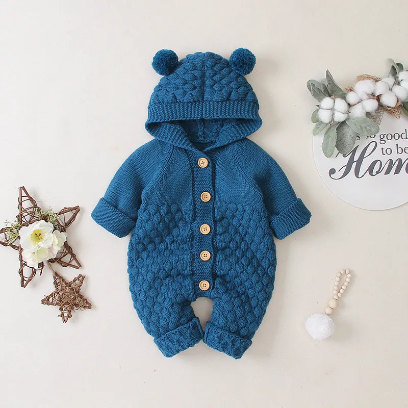 С длинным рукавом трикотажные свитера малыш новорожденный младенец девочка повседневный зимний свитер Одежда для маленьких мальчиков сплошной медведь уха с капюшоном комбинезон - Цвет: Синий