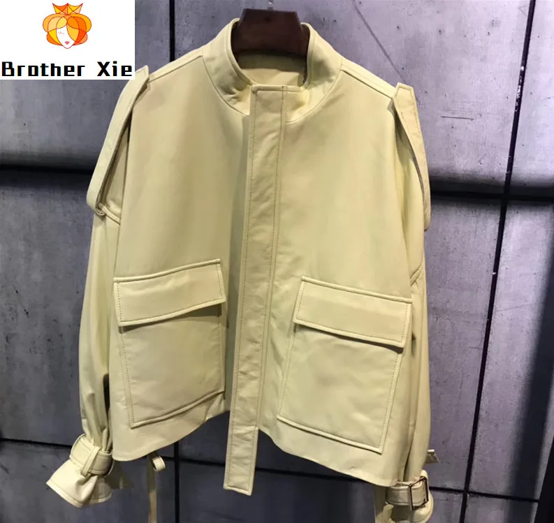

New Autumn Women Real Leather Jacket Zipper Short Coat Bright Color Spring Female Bomber Genuine Leather Jacket