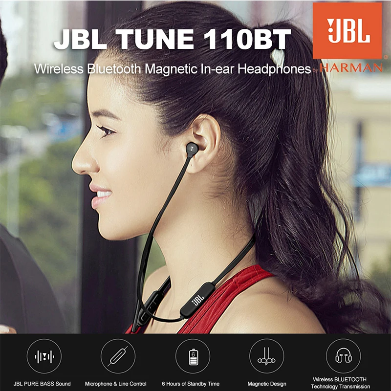 JBL T110BT Wireless Bluetooth Earphone Tune 110BT Sports Running Bass Sound Magnetic Headset With Mic for Smartphone Music