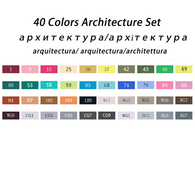 40 architecture set TOUCHNEW набор маркеров для творчества, набор ручек, эскиз, мягкая кисть, спиртовые чернила, кисть, Двойные наконечники, профессиональный набор маркеров для рисования, 30/40/60/80/168 цветов - Цвет: 40 architecture set