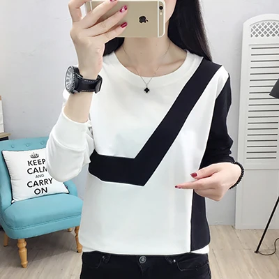 Camisas Mujer, футболка контрастного цвета, женские топы с длинным рукавом, футболка, женская одежда, осень-зима, белая повседневная одежда размера плюс - Цвет: white
