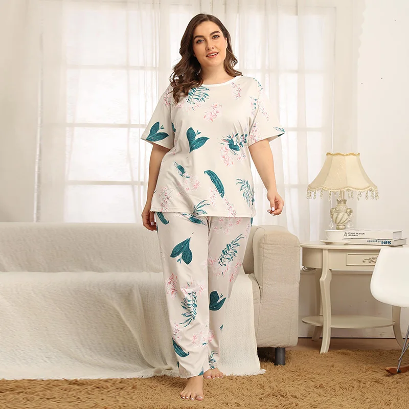 

Wipalo Summer Women Plus Size Sleepwear Leaf Print Casual Loose Sleepwear O-Neck Short Sleeve Sleep Sets XL-4XL Pyjamas 2020 New