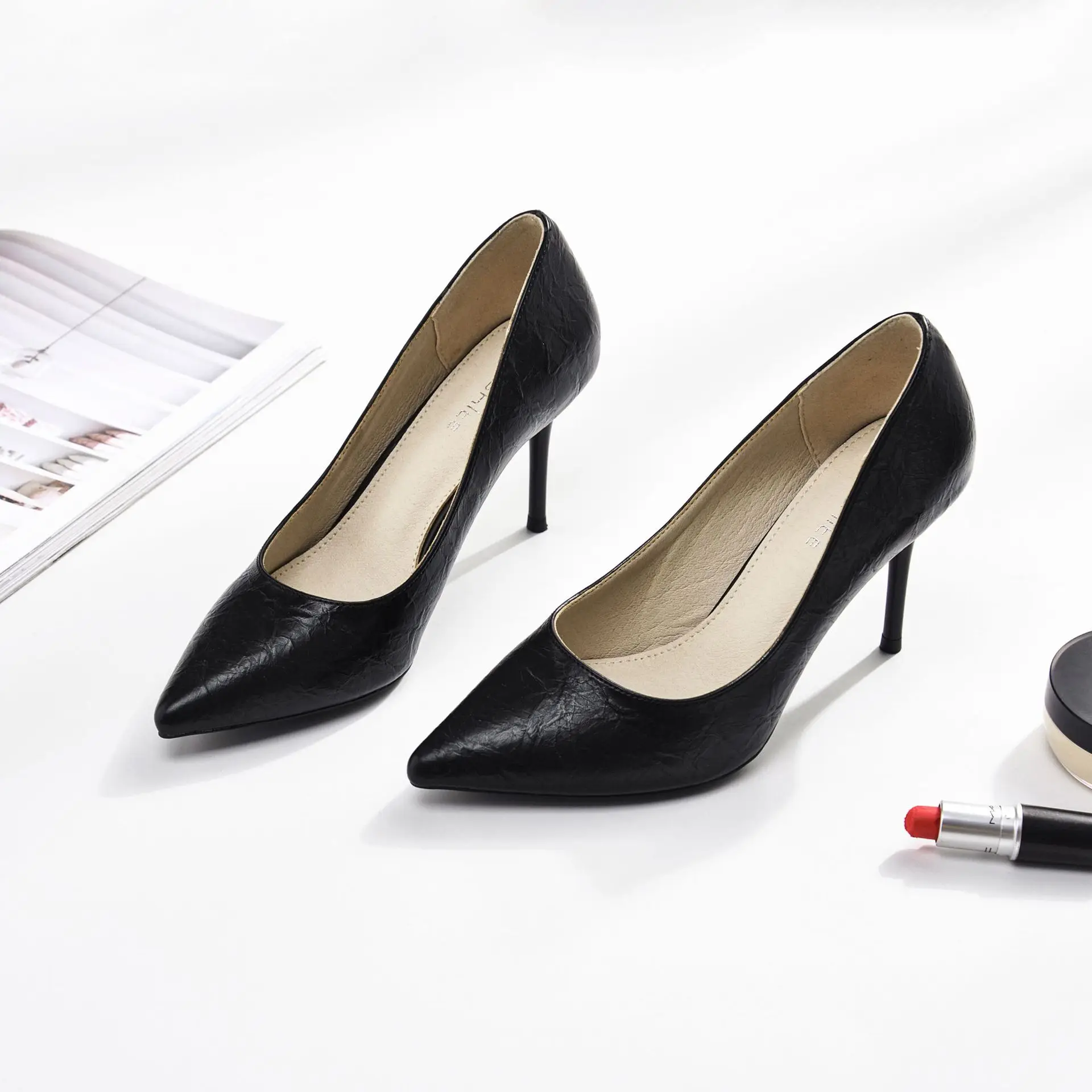 

Short in Size 2019 Spring High Heel Shoes Simple Wrinkled Face Leather Low-Cut High Heels Office Workwear WOMEN'S Shoes