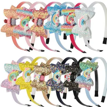 

3Pcs Sequin Hair Hoops Bowknot Hair Band Kids Decorative Headband Rainbow Headwrap Gradient Headdress