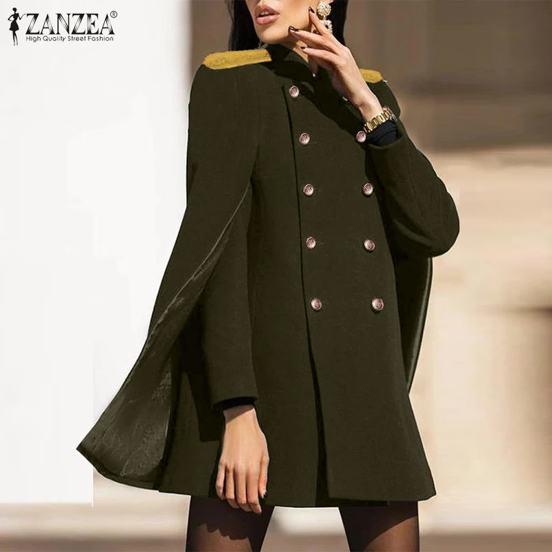 

Loose Vintage Winter Cape Full Sleeve Elegant Party Unlined Coats ZANZEA 2021 Stylish Women Double Breasted Ponchos Stand Collar