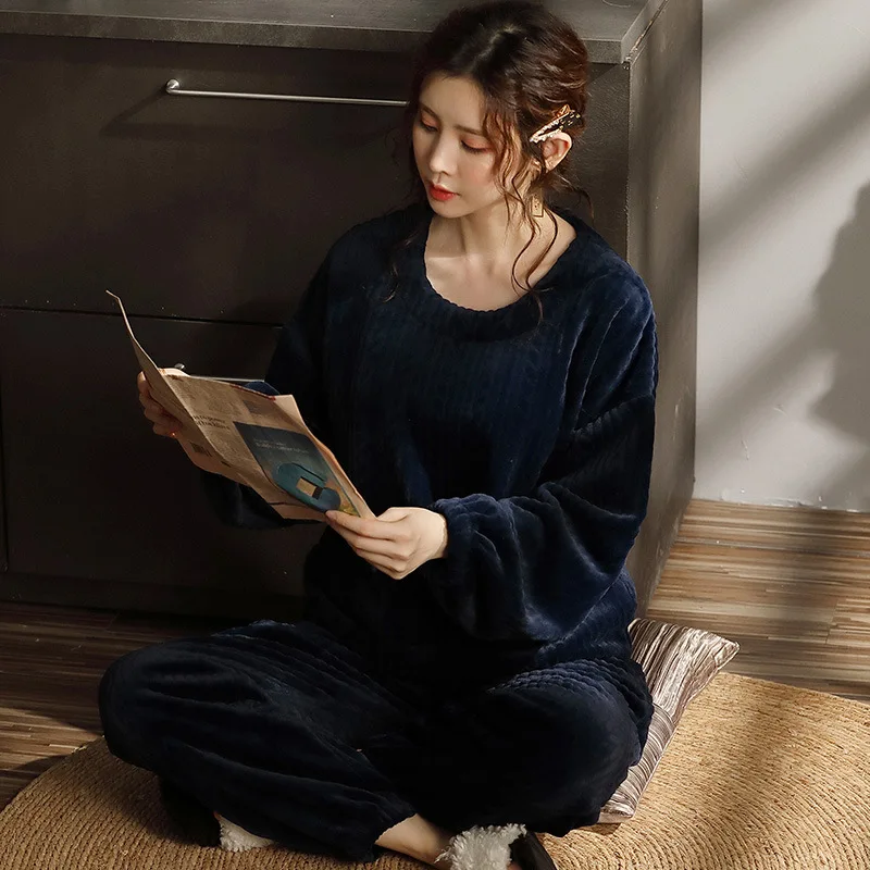 Pajamas Women Autumn and Winter Thickening Plus Velvet Coral Velvet Winter Student Loose Plus Size Home Service Two-piece Suit